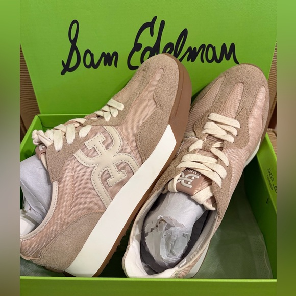 🎉NWT Sam Edelman Women's Langley Logo Platform Retro Sneakers in Tan - Size 10
